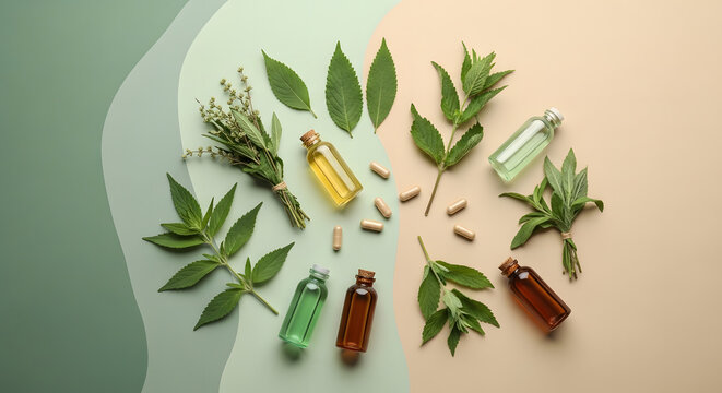 Cannabis leaves and herbal medicine bottles.