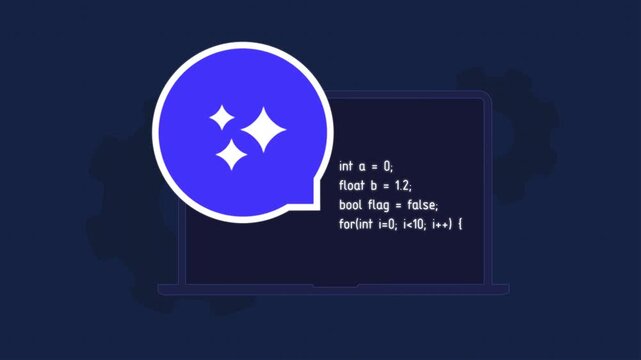 AI coding assistant animation with typing code and system activity. Software development workflow. Code generation process. Seamless loop motion for tech platforms. motion graphic animation