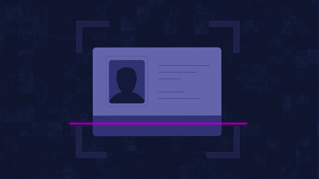 KYC verification animation - ID card scanning with data extraction and identity validation. KYC verification animation user authentication and document check for secure onboarding motion graphic