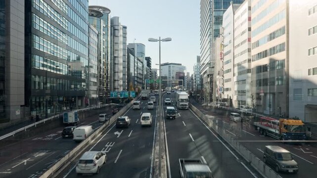 Tokyo Scene : Elevated Metropolitan Expressway Runs Through the City Center Lined with Skyscrapers, Constantly Busy with Many Vehicles | Shuto Expressway, Shibuya, Tokyo, Japan