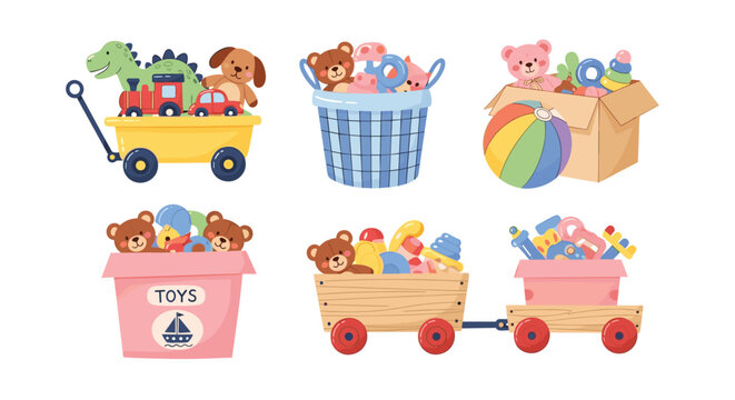 Toy Storage Bins and Baskets with Various Colorful Toys and Stuffed Animals