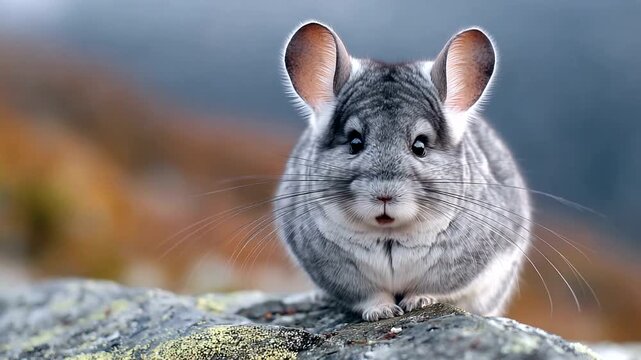 Chinchilla perched on a rock in a serene landscape