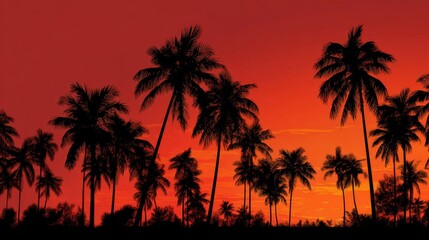 Obraz premium Tropical sunset over coconut palm trees silhouettes on exotic beach with golden sky reflecting on calm ocean creating serene tropical travel destination atmosphere at dusk