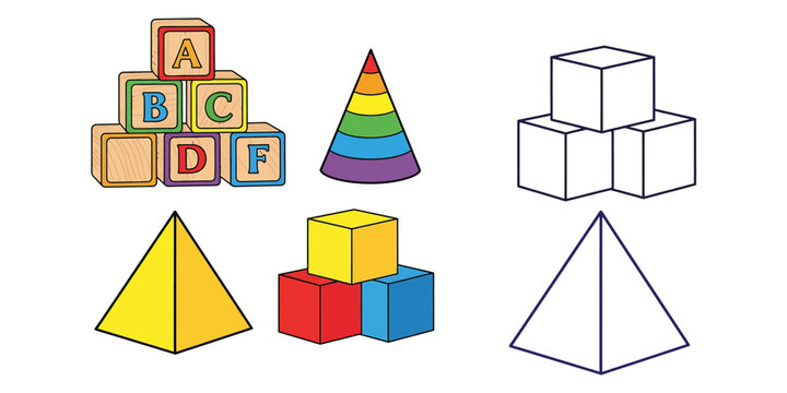 Various colorful geometric shapes and alphabet blocks, including pyramid, cone, and cubes, for educational play.