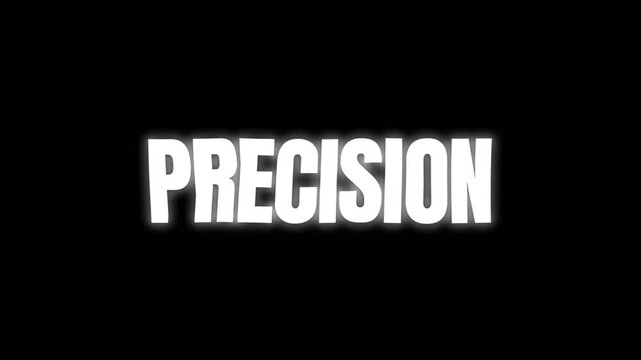 Simple and bold text animation displaying the word Precision in large white 3D letters on a dark background, ideal for accuracy, technology, and professional visuals.