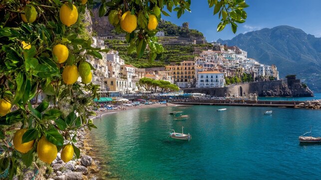 Beautiful amalfi coast view on mediterranean sea with fresh lemons in foreground, colorful cliffside village, coastal mountains, blue ocean water, sunny sky, scenic italian travel destination landscap
