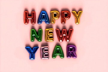 Colorful shiny foil balloons spelling happy new year celebration message in festive style