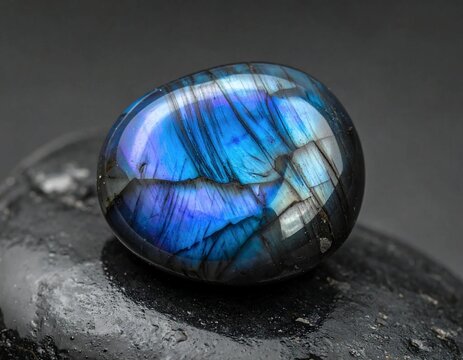 Mesmerizing Blue Labradorite Gemstone with Iridescent Flash on Dark Background.