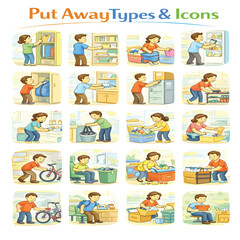 Fototapeta premium Put Away Type Icons Set, Storage and Organizing Symbols Collection, Cleaning and Arranging Line Icons, Household Management Vector Pack