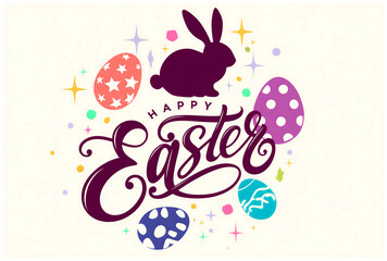 Colorful happy easter greeting card with decorative eggs and cute bunny silhouette design