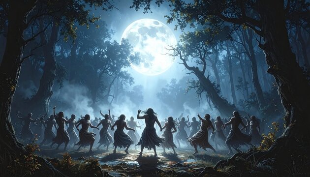 Mystical Full Moon Gathering in an Enchanted Forest with Dancing Figures.
