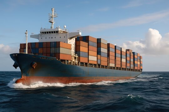 Large cargo vessel navigating across deep blue ocean waters, maritime freight transport, global shipping logistics, massive industrial freighter.