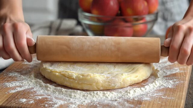 Hands rolling out pie dough with a wooden rolling pin on a floured surface.