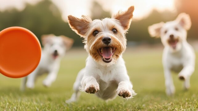 Three joyful dogs eagerly chase an orange frisbee on a sunny grassy field.