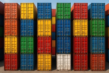 Fototapeta premium Stacked metal freight containers forming vibrant industrial walls, logistics storage yard, shipping cargo blocks, global trade supply chain.