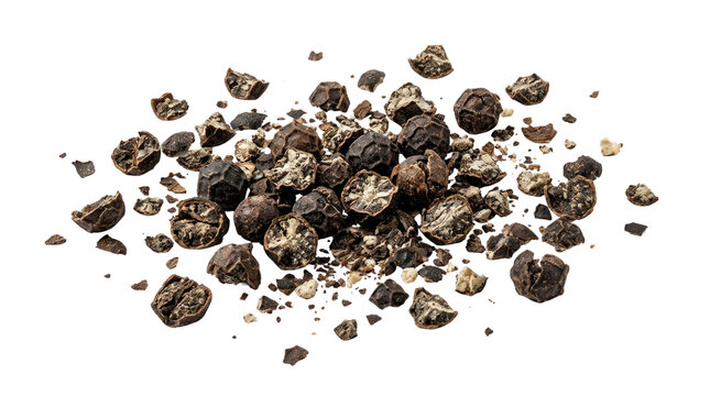 cluster of crushed organic black peppercorns scattered on flat surface isolated on white or transparent background. PNG die-cut for advertising
