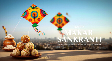 Colorful makar sankranti celebration with kites flying and traditional sesame sweets on a plate