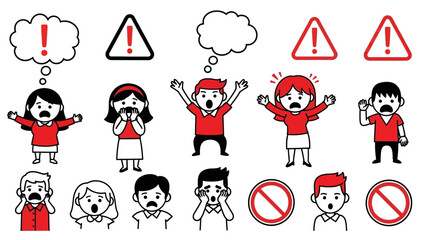 Fototapeta premium Collection of cartoon characters expressing shock and fear with warning signs.