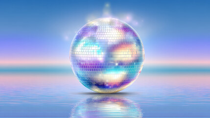 Obraz premium Iridescent disco ball holographic sphere fantasy sky water reflection dreamy glow colorful art
