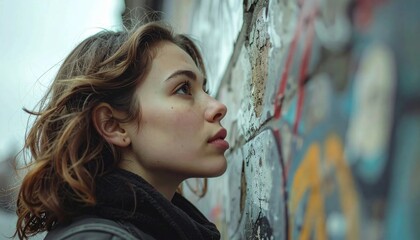 Obraz premium Thoughtful woman observing urban street art with intense focus.