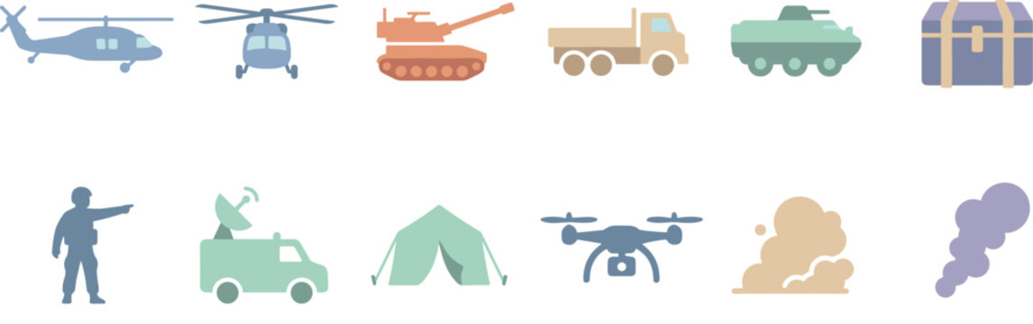 Flat design vector military icon set featuring helicopters, tanks, soldiers, drones, tents, and war equipment.