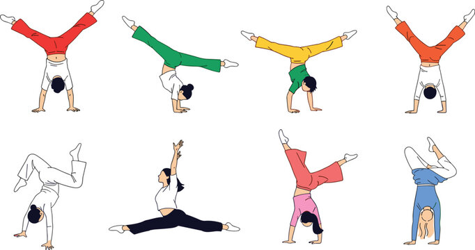 Illustration Set of Gymnastics Poses Including Handstands, Splits, and Acrobatics in Colorful Activewear for Fitness, Sports, and Dance Designs