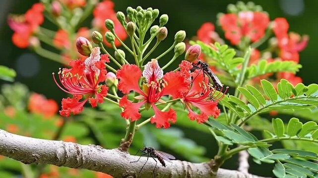 Black Insects on Red Gulmohar Tree Flowers