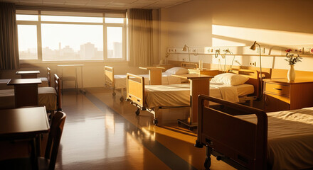 Fototapeta premium Hospital room with empty beds and sunlight streaming through window 