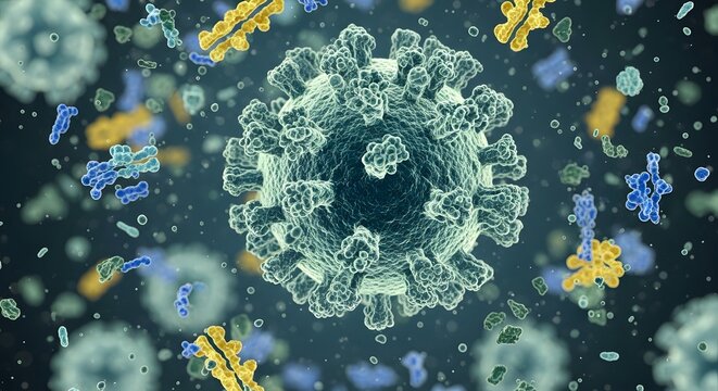 Microscopic view of a virus particle with spike proteins and other biological elements.