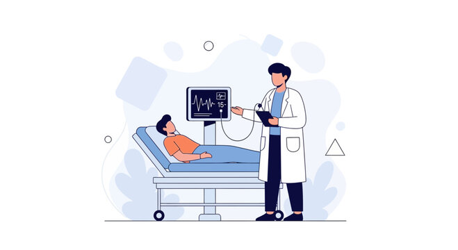 Doctor monitoring patient's vital signs on ECG monitor in hospital room
