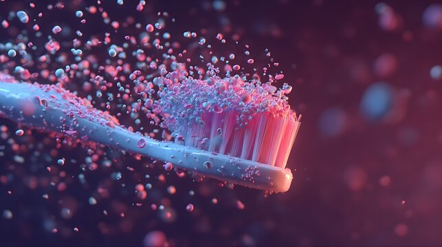Toothbrush with pink toothpaste and splashing bubbles on dark background close up vibrant colors hygiene concept oral care dental health