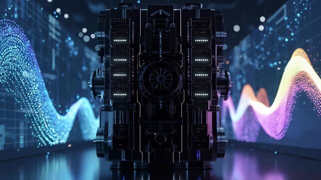 Sharp focus on a server unit front panel backdrop screens showing animated equity trade confirmations powered by a decentralized blockchain system.