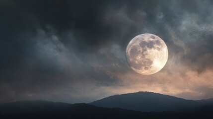 Fototapeta premium Full moon glowing in clear night sky above serene natural landscape, luminous lunar surface illuminating dark horizon with soft silver light, peaceful atmospheric scene with deep blue tones and celest