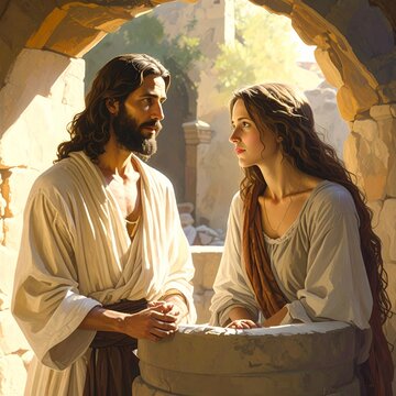 Jesus and the Samaritan Woman at Jacobs Well, a profound biblical encounter under the warm sun.