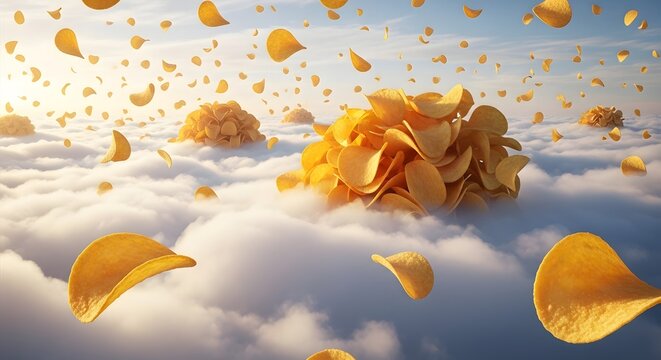 A surreal scene of potato chips floating in the air above fluffy white clouds on a sunny day with blue sky