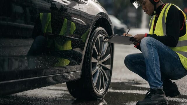 Verification specialist reviewing sedans tire wear and matching notes main focus on tire and clipboard with blurred surroundings for depth.