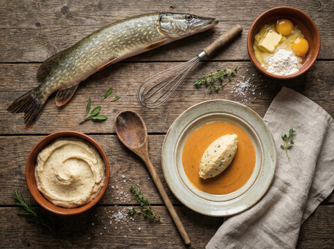 Quenelle de Brochet Ingredients Flat Lay on Rustic Wooden Table