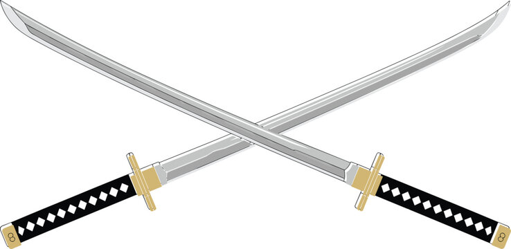 Traditional crossed japanese katana samurai swords vector illustration with black handles and silver blades isolated on white backgroundT