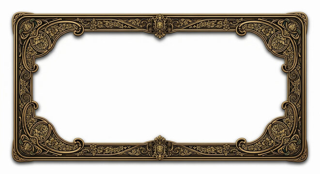 Elaborate antique brass decorative border frame with ornate victorian scrollwork and floral motifs, set against a clean white background