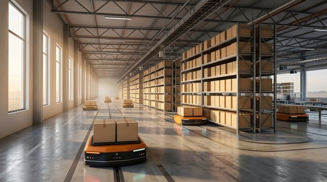 Modern distribution center with autonomous mobile robots moving cardboard boxes