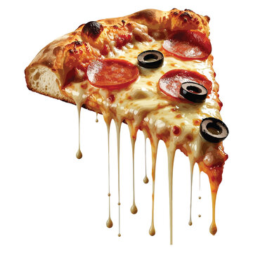 A delicious slice of pepperoni pizza with melted cheese on a white background
