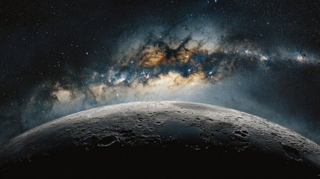 Panoramic view of glowing full moon in deep outer space with dark cosmic sky, detailed lunar surface texture, serene astronomical night scene, vast universe background with stars and celestial atmosph