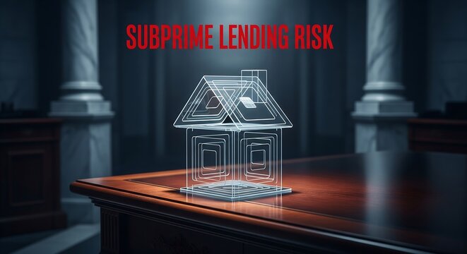 A digital house model on a desk in a courtroom representing subprime lending risk