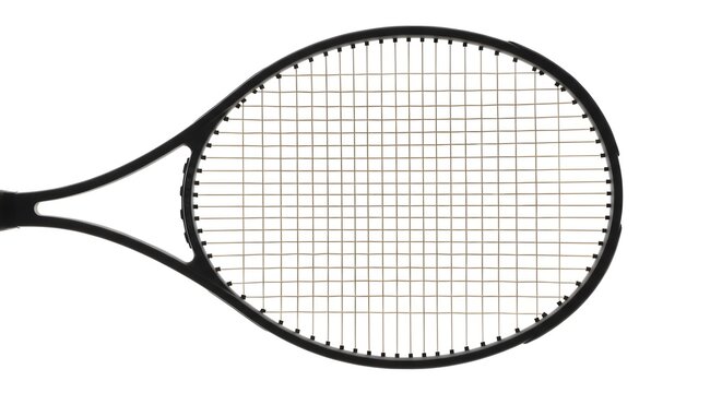 Close up of a black tennis racket with a white background showcasing its string pattern and frame design for sports equipment advertising and tennis related content