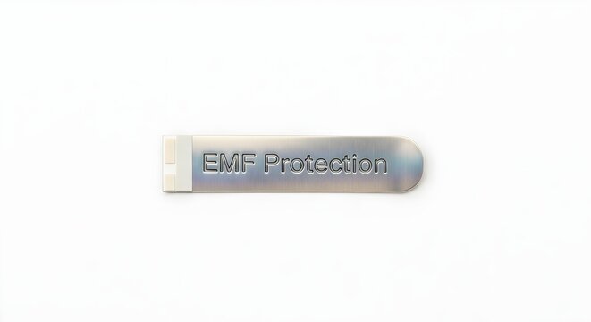 Silver EMF protection pendant with shiny metallic finish and white accents on a plain white background for health and wellness advertising