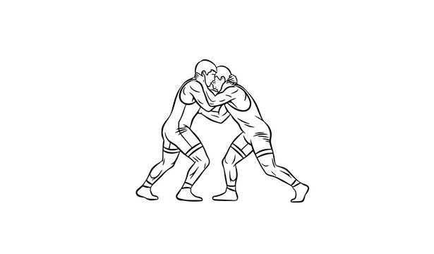 "Dynamic Wrestling Silhouettes Vector, Athletes Grappling in Line Sketch"