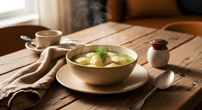 Steaming Matzo Ball Soup with Fresh Dill on a Rustic Wooden Table - Warm Comfort Food