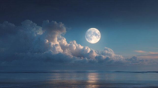 Large glowing full blue moon rising above soft cloud bank over calm ocean horizon, serene night seascape with deep blue tones, peaceful natural atmosphere, celestial beauty reflected across tranquil w