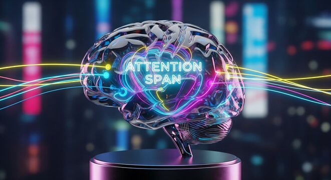 A futuristic illustration of a brain with attention span concept in a digital environment