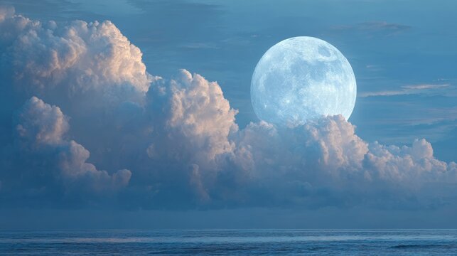 Large glowing full blue moon rising above soft cloud bank over calm ocean horizon, serene night seascape with deep blue tones, peaceful natural atmosphere, celestial beauty reflected across tranquil w